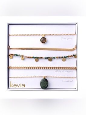 Kevia Gold Layered Necklace Set with Green Stone and Bead Accents